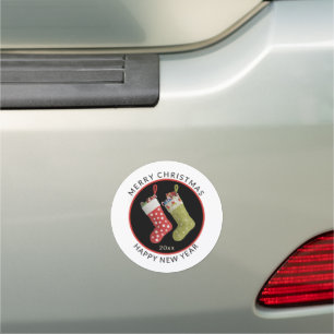 Merry Christmas Happy New Year Red Green Stockings Car Magnet