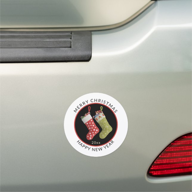 Merry Christmas Happy New Year Red Green Stockings Car Magnet (In Situ)