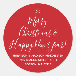 Merry Christmas Happy New Year red script address Classic Round Sticker