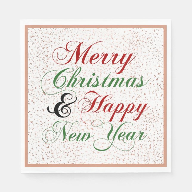 Merry Christmas Happy New Year Rose Gold Glitter Napkins (Front)