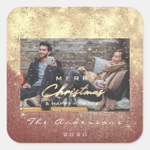 Merry Christmas Happy New Year Rose Gold Photo Square Sticker