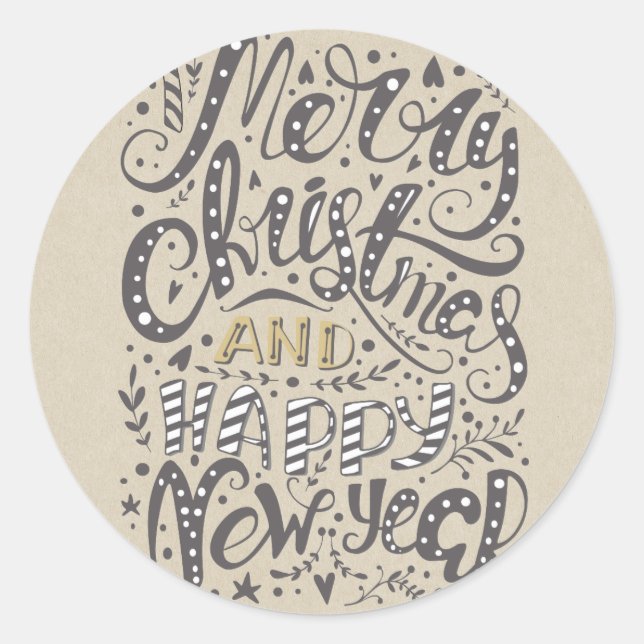 MERRY CHRISTMAS HAPPY NEW YEAR Rustic Holiday Classic Round Sticker (Front)