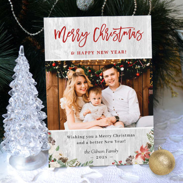Merry Christmas Happy New Year Rustic White Wood Holiday Card