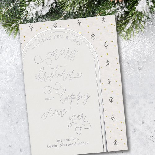 Merry Christmas Happy New Year Scandinavian Pine Foil Holiday Card