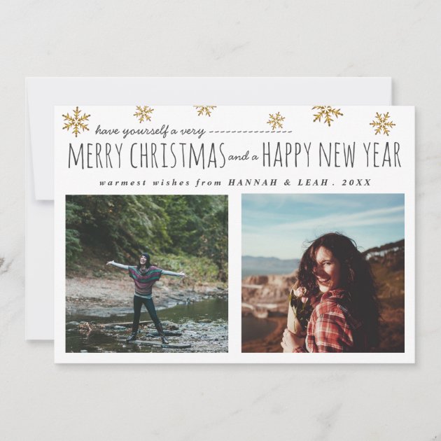 Merry Christmas & Happy New Year Script Two Photos Holiday Card