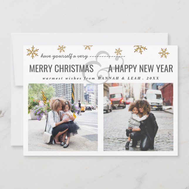 Merry Christmas & Happy New Year Script Two Photos Holiday Card (Front)