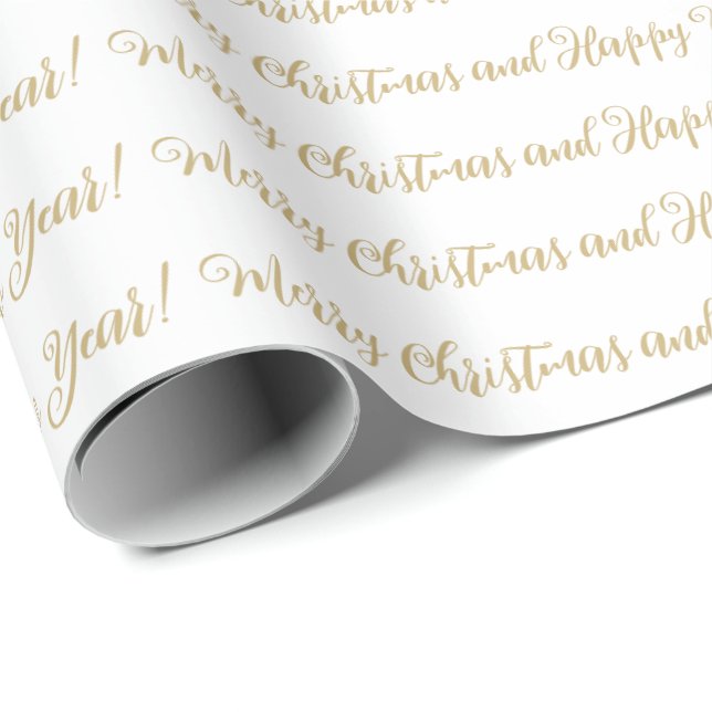 Merry Christmas Happy New Year script white gold Wrapping Paper (Roll Corner)