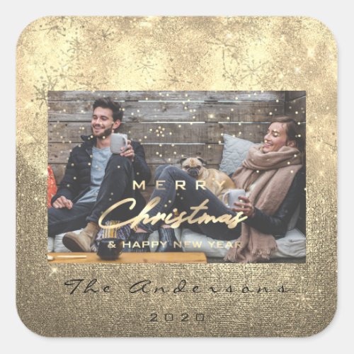 Merry Christmas Happy New Year Sepia Gold Photo Square Sticker