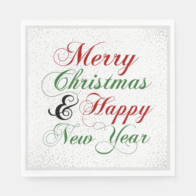 Merry Christmas Happy New Year Silver Glitter Napkins (Front)