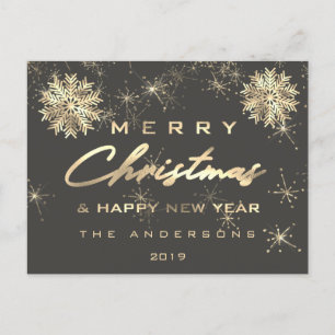 Merry Christmas Happy New Year Snow Gold Gray Grey Postcard