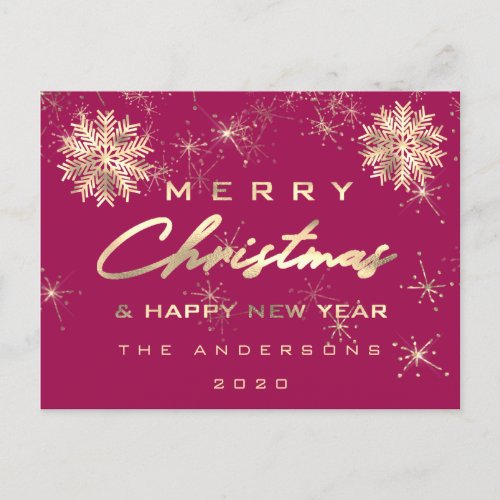 Merry Christmas Happy New Year Snow Gold Pink Postcard