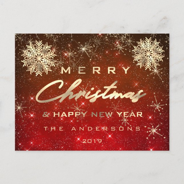 Merry Christmas Happy New Year Snow Gold Red Maroo Postcard (Front)