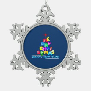 Merry Christmas Happy New Year Snowflake Pewter Christmas Ornament