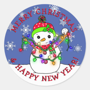 Merry Christmas Happy New Year Snowman Classic Round Sticker