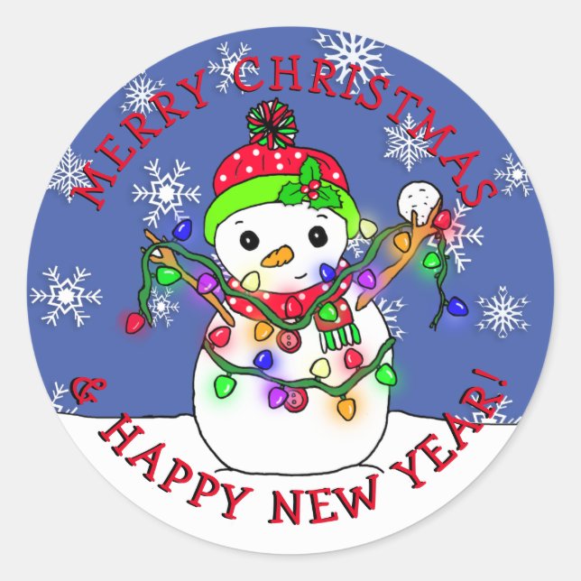 Merry Christmas Happy New Year Snowman Classic Round Sticker (Front)