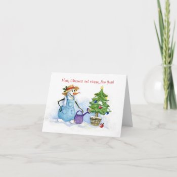 Merry Christmas Happy New Year Snowman Gardener Holiday Card by IronicOwl at Zazzle