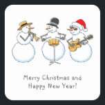 Merry Christmas Happy New Year Snowman Jazzband Square Sticker<br><div class="desc">Cute Merry Christmas and Happy New Year Square Sticker features a cartoon illustration of funny Jazzband: three Snowmen playing lovely Christmas tune. Great sticker to seal an envelope or gift package on the occasion of the best Holiday Season. Never hesitate to contact me via Zazzle if you need help to...</div>