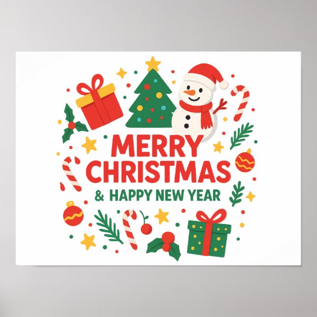Merry Christmas & Happy New Year Snowman & tree Poster (Front)