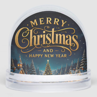 Merry Christmas Happy New Year Snowy Village Snow Globe