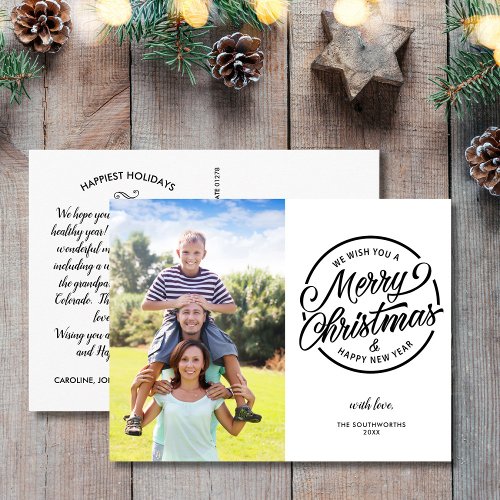 Merry Christmas Happy New Year Stamp Family Photo Postcard