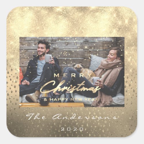 Merry Christmas Happy New Year Stars Gold Photo Square Sticker