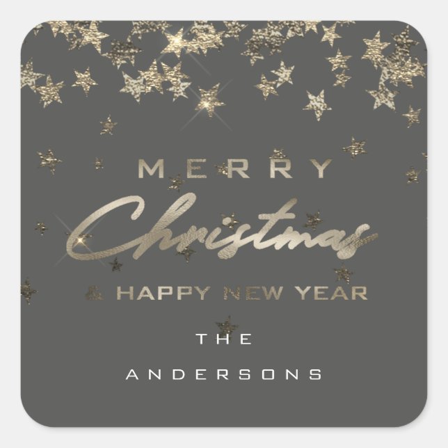 Merry Christmas Happy New Year Stars Gray Square Sticker (Front)