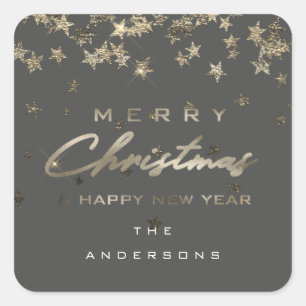 Merry Christmas Happy New Year Stars Gray Square Sticker