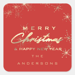 Merry Christmas Happy New Year Stars Red Spark Square Sticker