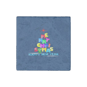 Merry Christmas Happy New Year Stone Magnet