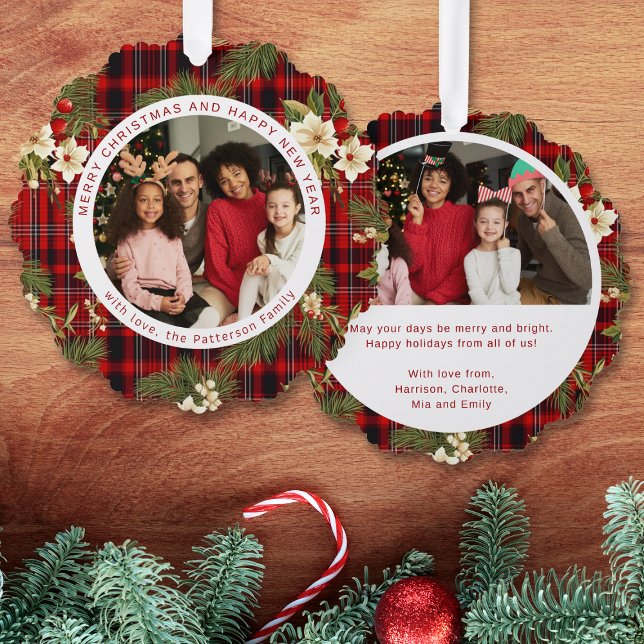 Merry Christmas Happy New Year Tartan Family Photo Ornament Card (Creator Uploaded)