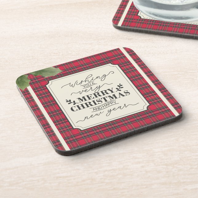 Merry Christmas & Happy New Year Tartan Name Beverage Coaster (Left Side)