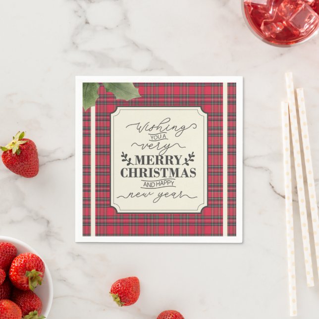 Merry Christmas & Happy New Year Tartan Name Napkins (Insitu)