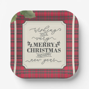 Merry Christmas & Happy New Year Tartan Name Paper Plates