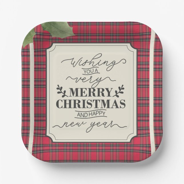 Merry Christmas & Happy New Year Tartan Name Paper Plates (Front)