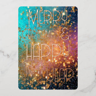 Merry Christmas Happy New Year Teal Gold Pink Foil Holiday Card