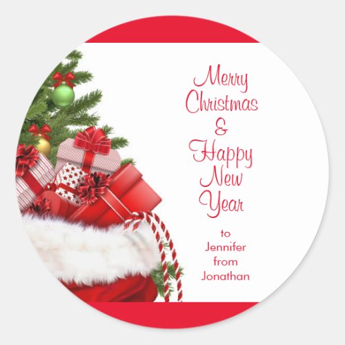 Merry Christmas Happy New Year Text Names Template Classic Round Sticker