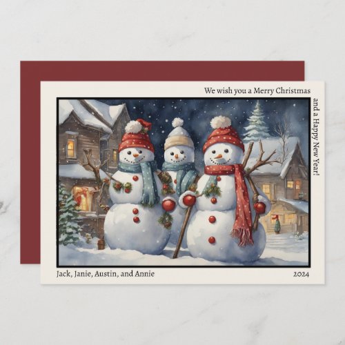 Merry Christmas Happy New Year Three Happy Snowmen Holiday Card