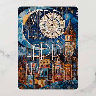 Merry Christmas & Happy New Year Town Moon Clock Foil Holiday Card
