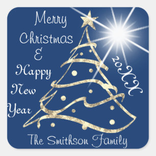 Merry Christmas & Happy New Year Tree Blue Navy  Square Sticker