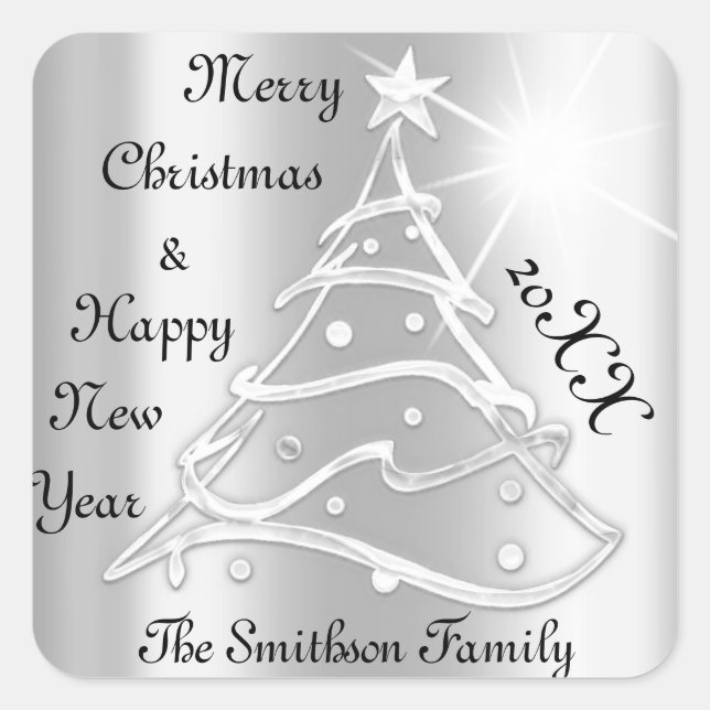 Merry Christmas & Happy New Year Tree Gray Silver  Square Sticker (Front)