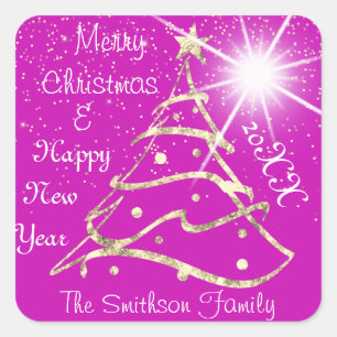 Merry Christmas & Happy New Year Tree Pink Gold Square Sticker