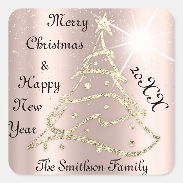 Merry Christmas & Happy New Year Tree Rose Glitter Square Sticker (Front)