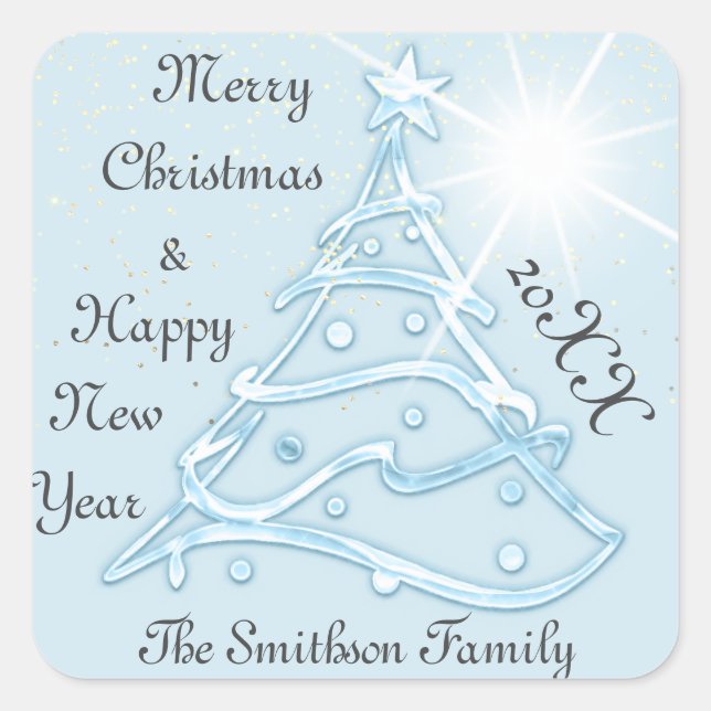 Merry Christmas & Happy New Year Tree Water Blue Square Sticker (Front)