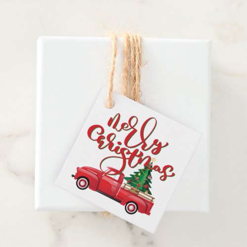 Merry Christmas Happy New Year  Vintage Red Truck Favor Tags