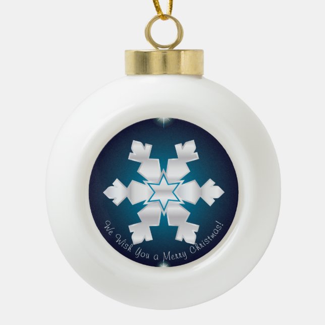Merry Christmas! Happy New Year! White Snowflake C Ceramic Ball Christmas Ornament (Front)