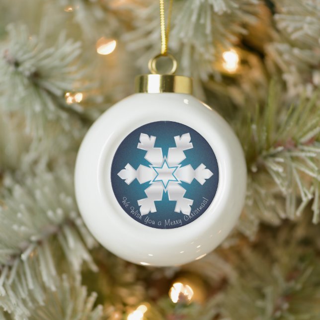 Merry Christmas! Happy New Year! White Snowflake Ceramic Ball Christmas Ornament (Tree)