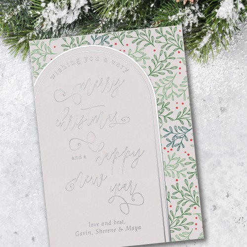 Merry Christmas Happy New Year Winter Greenery Foil Holiday Card