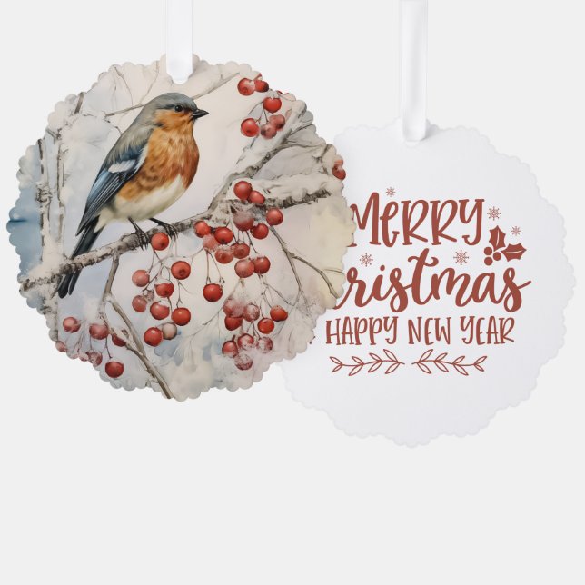 Merry Christmas Happy New Year Winter Robin  Ornament Card (Front/Back)