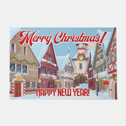 Merry Christmas Happy New Year Winter Town Scene Doormat