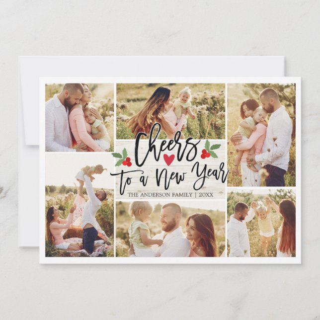 Merry Christmas Happy New Year Wood Photo Collages Holiday Card (Front)